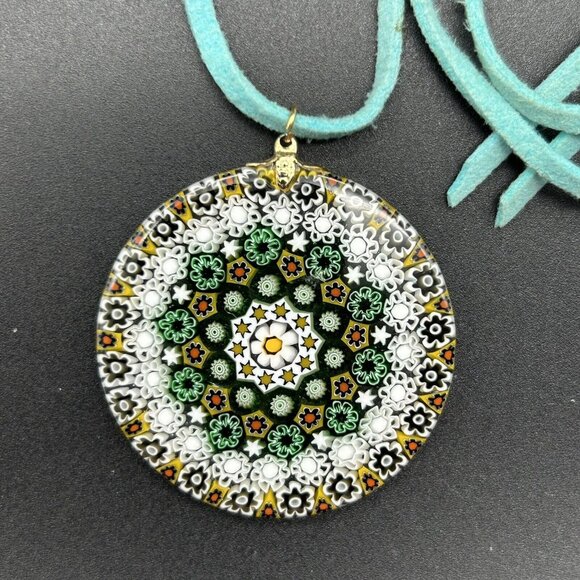 Millefiori Glass Pendant on Teal Cord Necklace 26" Long 1.5" Across White Green - Picture 2 of 5